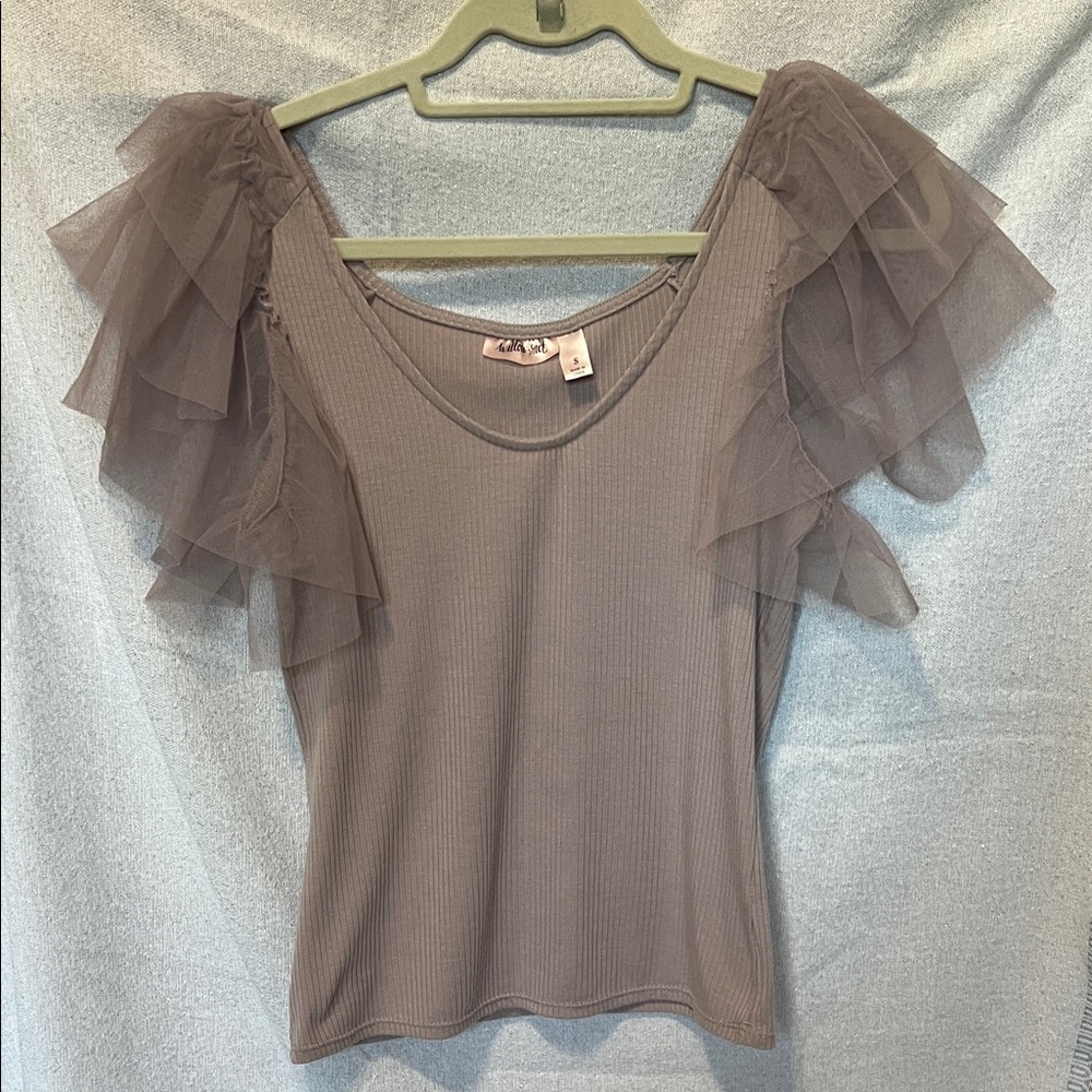 Buckle Top — Tulle Ruffle Sleeve Ribbed Knit